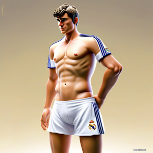 Naked man, short hair, thin, without pants, showing his genitals with Real Madrid shirt