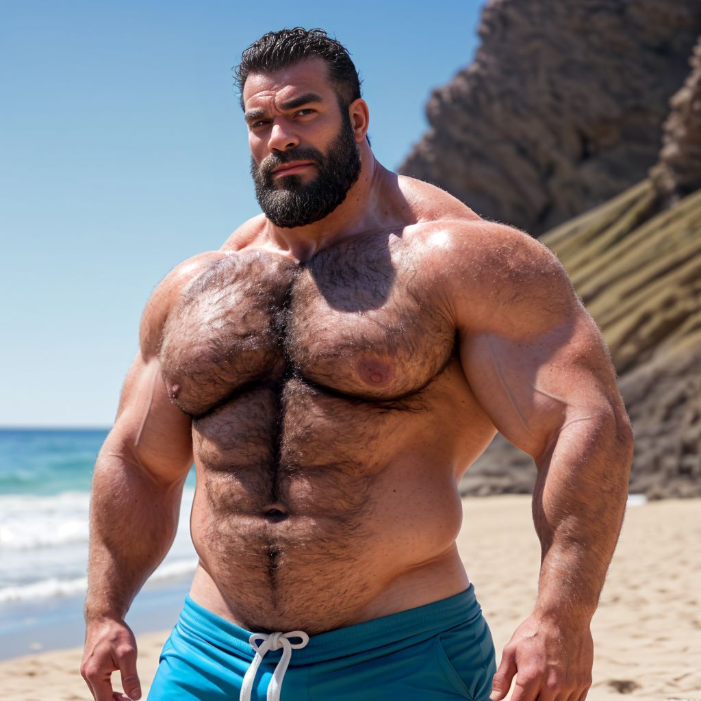 (masterpiece:1.2), (highly detailed), (ultra realistic photography:1.3), RAW photo, Go Fugimoto style, Bara style, Bara Manga, full-body shot, sunny day, warm natural lighting, on the beach of Fuerteventura, ultra hairy, strong, tall, muscled, bulky, huge, big beefy man in his 30s, good-looking, calm expression, looking directly at the camera, defined muscles, broad shoulders, thick arms, powerful legs, rugged masculine features, tousled hair, beach setting with clear blue sky and gentle waves in the background, cinematic composition, professional photography, 85mm lens, DSLR quality