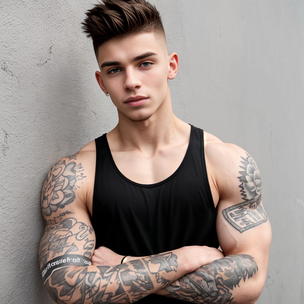 A portrait of a dominant 20-year-old scally guy with a confident expression, dressed in a tight-fitting black tank top that accentuates his muscular build. He has short, styled hair, and a few tattoos peeking from under his sleeves. The background features an urban setting with graffiti, enhancing his edgy vibe. His posture conveys authority and charisma, making him the center of attention.