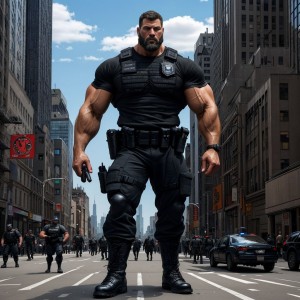 Giant man. The image is a high-resolution photograph capturing a dramatic scene in a bustling city street, likely in New York City, given the iconic skyscrapers and urban landscape. The central figure is a muscular man with a beard and a muscular build, dressed in a black SWAT team uniform, including a t-shirt, and heavy-duty boots. He stands tall, but the perspective is exaggerated, making him appear much larger than life, as if he is towering over the city street. His right hand holds a black utility belt with various tools and equipment, typical of a police officer or SWAT team member. The background features a clear, blue sky with a few wisps of clouds.