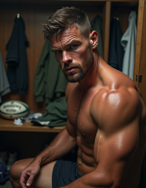 (((Masterpiece, detailed))) POV scene, a nude muscular rugby player with a rugged physique, realistic skin textures, sweat glistening on his skin. He has an intense expression, the aftermath of passion visible on his face. Locker room setting, sports gear scattered around, dynamic pose, expressive face, high-resolution rendering, emphasis on strong athletic form, sensual and dramatic mood, intense focus on the moment, detailed anatomy captured, intimate and powerful scene.