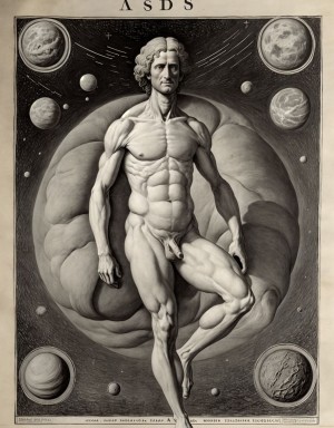 Isaac Newton desnudo. Está de pie. Está totalmente desnudo musculoso. Se ve todo su cuerpo entero. Se ve su cuerpo completo.  ((Tiene pene grande erecto)). ((Tiene los testículos grandes)). Tiene mucho vello en el cuerpo. Foto muy realista texturas 8k. Está rodeado de astronomía filosofía física y las matemáticas.