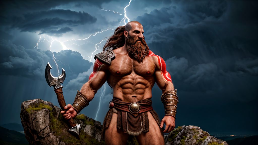 Colossal, hairy, ancient Spanish god of war, standing on a mountain peak overlooking a vast, stormy sea, wielding a giant, double-headed axe, surrounded by lightning and thunder, inspired by ancient Norse mythology, dramatic lighting, hyperrealistic