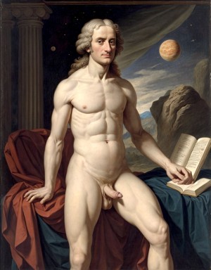 Isaac Newton desnudo. Está de pie. Está totalmente desnudo musculoso. Se ve todo su cuerpo entero. Se ve su cuerpo completo.  ((Tiene pene grande erecto)). ((Tiene los testículos grandes)). Tiene mucho vello en el cuerpo. Foto muy realista texturas 8k. Está rodeado de astronomía filosofía física y las matemáticas.