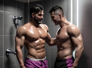 A hyperrealistic image, evocative of a gritty documentary style, depicting three South American men of diverse ages (20s, 30s, 40s), their physiques varying in muscularity, playfully wrestling and splashing each other in a dimly lit locker room shower.  The central figure, a powerfully built man in his 30s with dark, tanned skin, a close-cropped beard, and intense eyes, playfully wrestles a younger, leaner man. His expression is one of mischievous glee.  He wears only a pair of faded, dark grey athletic shorts, their texture slightly damp. The older man, with graying temples and a more relaxed posture, watches with an amused smile, leaning against the tiled shower wall.  The showerhead, a chrome fixture dripping water, is positioned in the background.  The tiles are worn, a mix of glossy white and dull grey, hinting at years of use. The air is thick with steam, creating a hazy atmosphere. The lighting is predominantly low-key, with the shower's spray highlighting the men's bodies, creating a contrast between glistening skin and shadowed areas. The composition is a dynamic, slightly low-angle shot, focusing on the central action but capturing the entire space. The overall mood is playful and masculine, with a hint of nostalgic camaraderie.  Colors are muted, focusing on the tones of damp skin, grey tiles, and chrome accents, with the exception of the warm undertones of the men's skin.  The style leans towards photorealism, with a slight desaturation for a moodier feel.