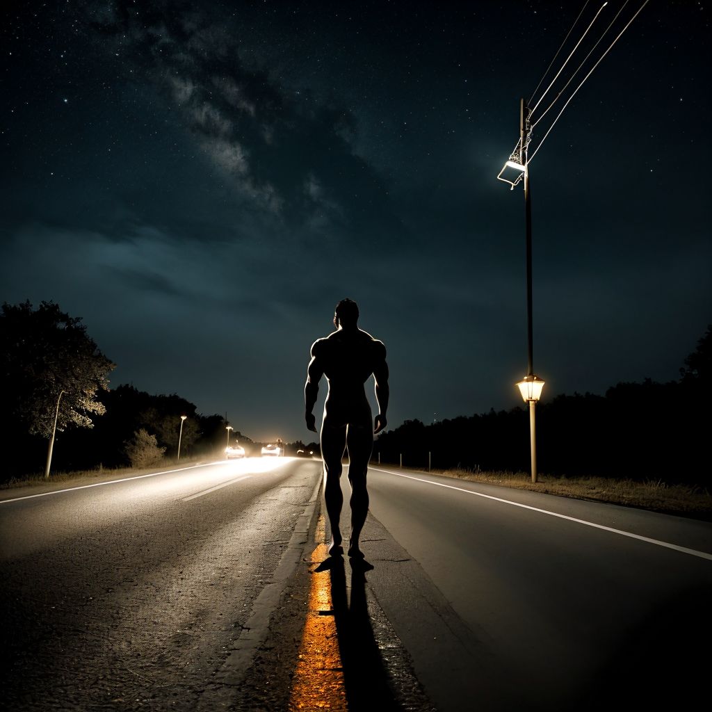 hombre desnudo en la noche haciendo autoestop, un coche se acerca