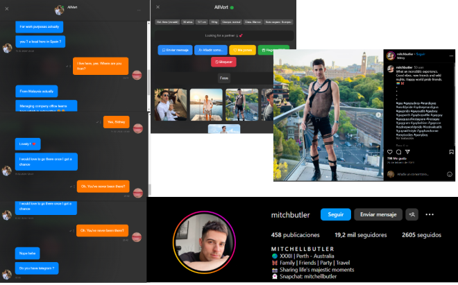 Xtudr - Perfiles falsos denunciar o exponer  Otro perfil falso. Están que no paran. 

Perfil: AllVert

Busca que se le de el telegram. Habla en inglés. Supongo que busca recabar información personal.

Dijo que estaba en Barcelona, que era de Malasia y que nunca estuvo en Australia.

Las fotos son de un IG: https://www.instagram.com/mitchbutler/.

Al menos una de las fotos en el mismo perfil se hizo en Australia.

Para más inri el nombre que dio tampoco coincidía con el del IG. 